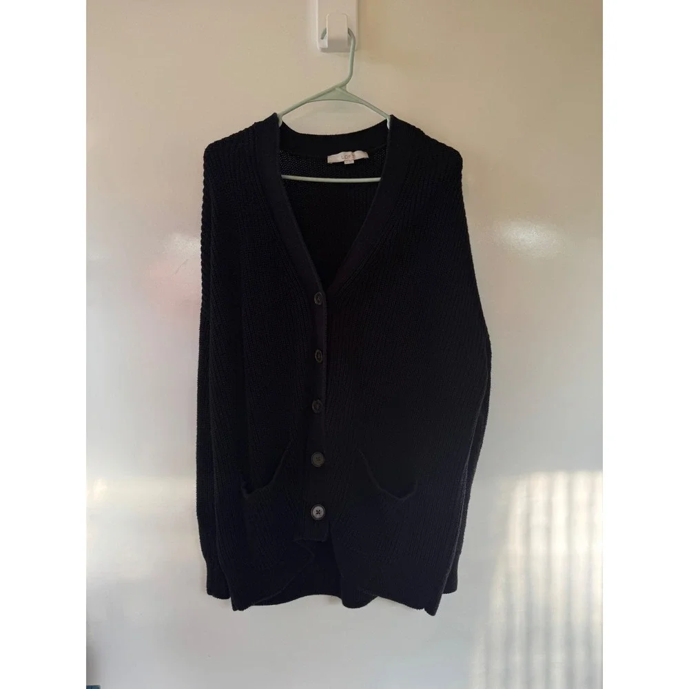 Loft Womens XL Black Cotton Shaker Knit Button Front Cardigan Sweater Pockets